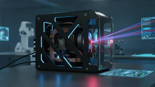 Medium shot of a lasercut hook sharpener in action highlighting the precise hightech sharpening process with glowing laser beams and sleek design.