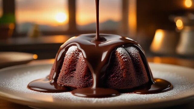 Chocolate sauce pouring onto a decadent chocolate lava cake on a plate, set against a warm sunset background in a cozy restaurant