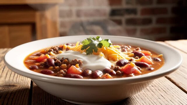 Hearty chili con carne bowl on wooden table with steam rising, garnished with herbs and sour cream, against a rustic brick wall background, possibly for advertising or menu use