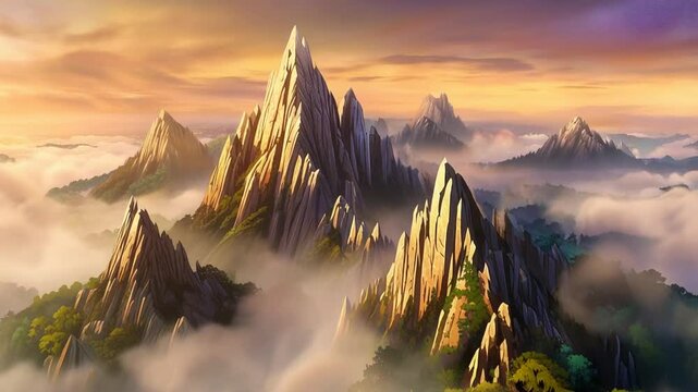 Mountain range landscape with misty clouds at sunrise, backdrop for cinematic or fantasy use