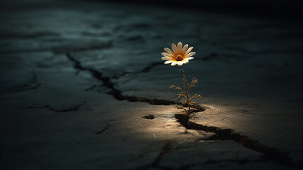 A single bright flower growing through cracked concrete, dramatic lighting, concept of resilience and rebirth