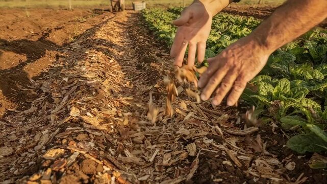 Medium shot of nut shells being spread as mulch in green fields emphasizing natural soil enrichment and environmentally conscious farming practices.