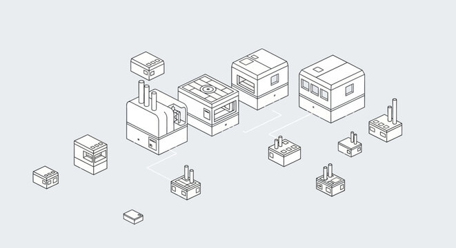 Isometric illustration of various modular building blocks and components arranged on a plain background.