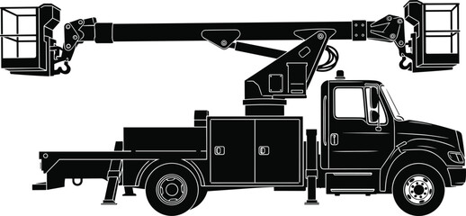 Black and white silhouette of insulated bucket truck with telescopic boom lift for electrical maintenance and utility service work © MdLimon