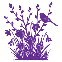 Purple Bird Perched on Branch with Flowers Silhouette Nature Illustration