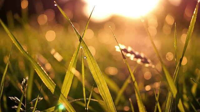 Dew drops on green grass blades at sunrise with blurred background.