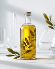 Premium olive oil bottle mockup in white minimal laboratory aesthetic soft daylight with glass beakers and olive leaves