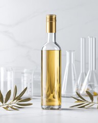 Premium olive oil bottle mockup in white minimal laboratory aesthetic soft daylight with glass beakers and olive leaves