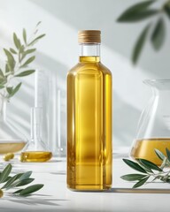 Premium olive oil bottle mockup in white minimal laboratory aesthetic soft daylight with glass beakers and olive leaves