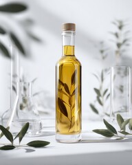 Premium olive oil bottle mockup in white minimal laboratory aesthetic soft daylight with glass beakers and olive leaves