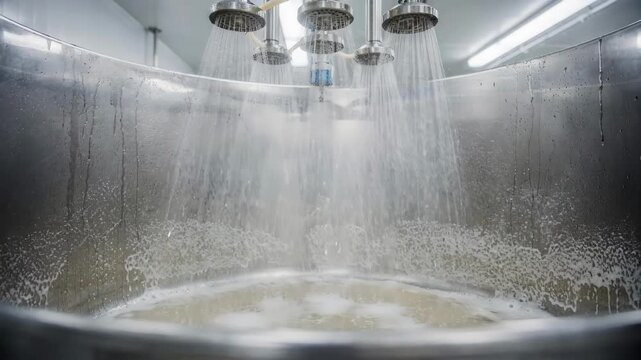 Medium shot capturing the rinse cycle with clear water flowing from CIP spray balls effectively flushing residues inside a batch mixing kettle for hygiene maintenance.
