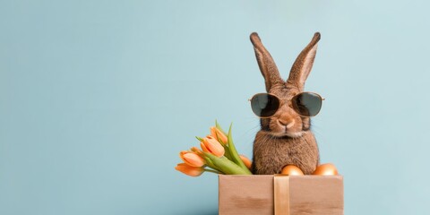 Happy Easter concept holiday greeting card - Cool Easter bunny, rabbit with sunglasses, sitting in a gift box with Easter eggs, isolated on a blue background