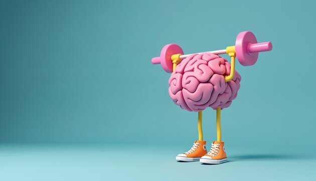 Pink brain with legs and sneakers lifts barbell. Concept of brain workout exercise mental fitness and cognitive enhancement for better memory and intelligence.