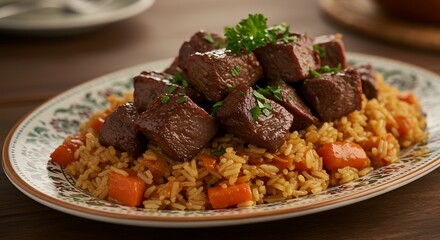 Juicy beef cubes served over seasoned rice with carrots on decorative plate, ideal for promoting hearty homemade meals and traditional comfort food recipes