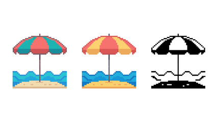 Obraz premium Pixel art beach umbrellers with sand and ocean waves in background summer icons