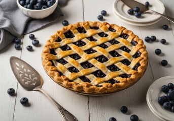 Delicious blueberry pie on a white wooden table