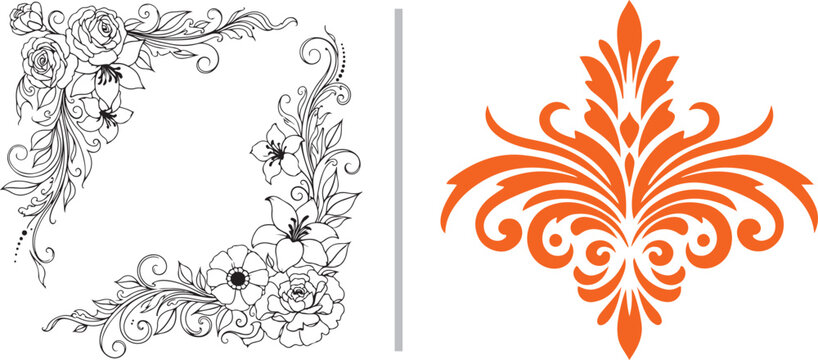 Elegant vector set featuring a detailed black and white floral corner frame with roses and lilies alongside a vibrant orange fleur-de-lis damask motif with ornate scrolling flourishes.