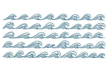 A stylized illustration of multiple rows of blue ocean waves on a white background