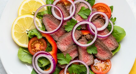 Medium-rare beef steak salad with red onion, tomato, spinach, and lemon slices, ideal for promoting healthy eating, gourmet recipes, and fresh food concepts