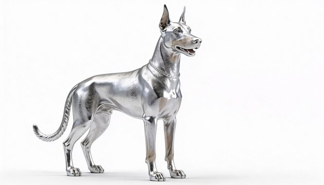 Elegant silver Doberman statue with a sleek metallic finish and chain collar