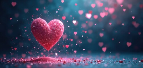 Sparkling pink heart shape floats in air. Pink glitter confetti falls around it, creating romantic atmosphere for special occasions. Dark background enhances its shine.