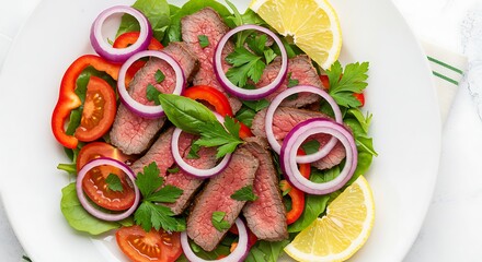 Fresh beef steak salad with red onion, tomato, and lemon garnish, ideal for promoting healthy eating, restaurant menus, and culinary recipe content