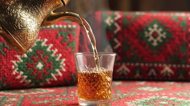 Pouring Arabic Coffee into Crystal Glass, Traditional Dallah Pot, Cinematic Slow Motion, Warm Ambient Lighting, Middle Eastern Hospitality Concept
