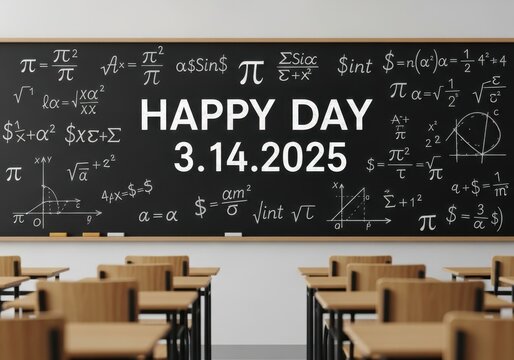 Celebrating pi day in an empty classroom with mathematical equations