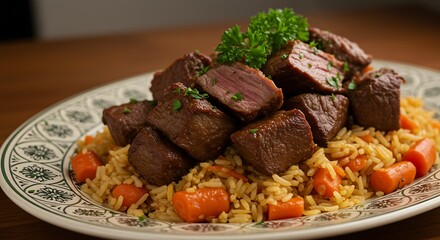 Juicy beef cubes served over seasoned rice with carrots on decorative plate, ideal for promoting hearty homemade meals and restaurant menu presentations