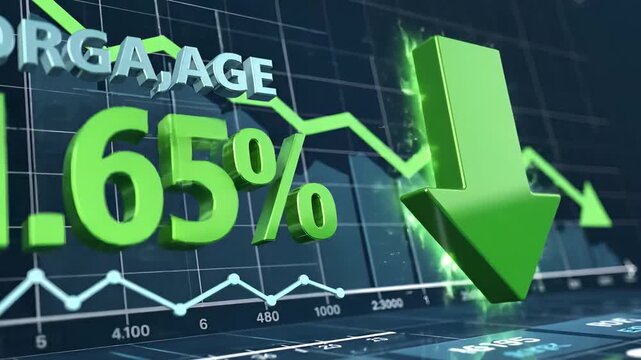 A significant mortgage interest rate drop to 6.7% is visually represented by a large green downward arrow on a digital display.