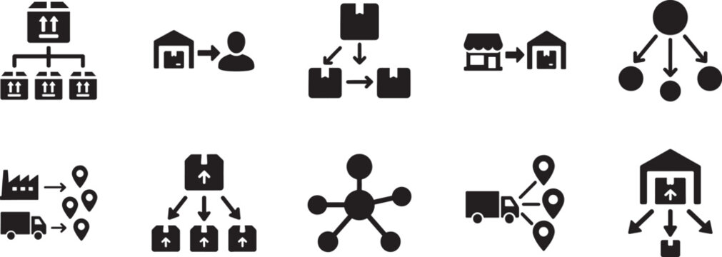   Distribution icon set in multiple styles, clean vector EPS collection for logistics, supply chain and UI design.
