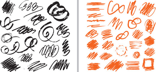 Fototapeta premium A collection of hand-drawn vector scribbles, swirls, and hatch marks in black and vibrant orange ink. Features expressive, messy doodles and textured graphic elements on a white background.