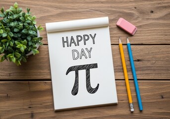 Happy pi day celebration with stationery on wooden table