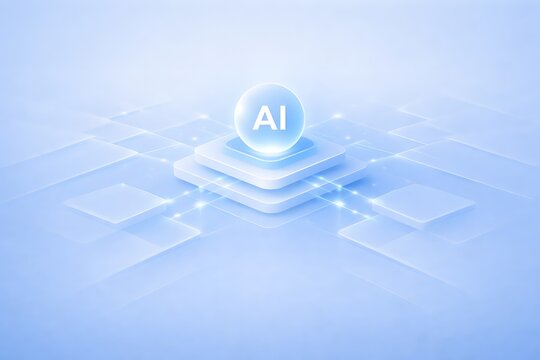 Glowing AI core on a layered platform, surrounded by abstract light trails and digital grid, representing core intelligence