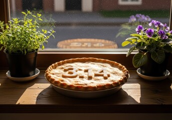 Freshly baked pie on a wooden windowsill with potted plants