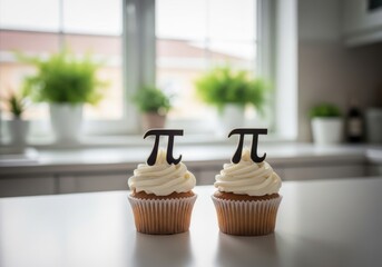 Cupcakes with pi symbol on kitchen counter