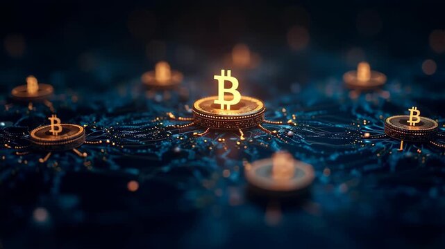 Cryptocurrency blockchain golden bitcoin symbols luminous network nodes connecting, financial technology visualization