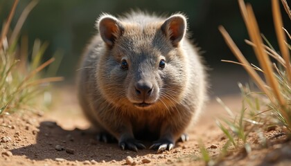 Fototapeta premium Wombat animal sits on dirt ground looking at camera. Small furry mammal with brown eyes and whiskers in natural outdoor habitat. Cute wildlife creature near dry grass.