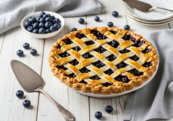 Delicious homemade blueberry pie on a white wooden table