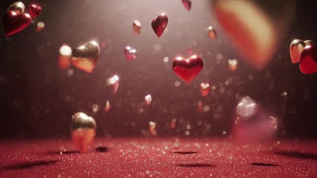 Corazones rojos y rosas flotan suavemente hacia arriba rodeados de destellos dorados en un fondo luminoso. Animaci&oacute;n rom&aacute;ntica perfecta para celebrar San Valent&iacute;n, bodas y momentos de amor m&aacute;gico.