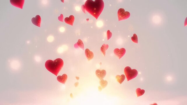 Corazones rojos y rosas flotan suavemente hacia arriba rodeados de destellos dorados en un fondo luminoso. Animaci&oacute;n rom&aacute;ntica perfecta para celebrar San Valent&iacute;n, bodas y momentos de amor m&aacute;gico.