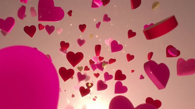 Corazones rojos y rosas flotan suavemente hacia arriba rodeados de destellos dorados en un fondo luminoso. Animaci&oacute;n rom&aacute;ntica perfecta para celebrar San Valent&iacute;n, bodas y momentos de amor m&aacute;gico.
