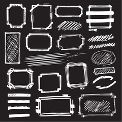 A collection of hand-drawn white chalk frames, borders, and decorative elements on a black background, featuring various geometric shapes with a sketchy, textured chalkboard aesthetic. © Muhammad