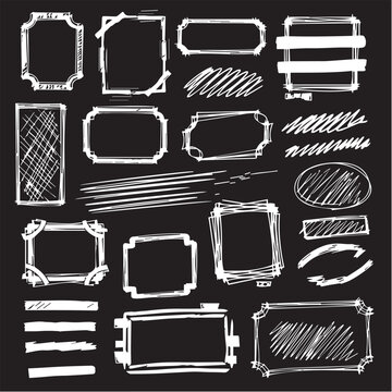 A collection of hand-drawn white chalk frames, borders, and decorative elements on a black background, featuring various geometric shapes with a sketchy, textured chalkboard aesthetic.