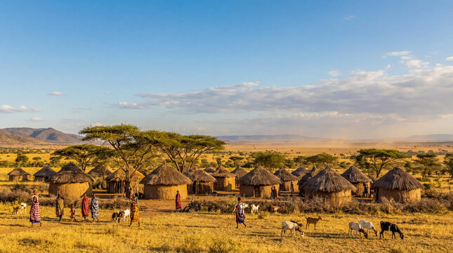 African tribal village panorama with mud huts and savanna nature background traditional indigenous settlement copy space rural landscape africa