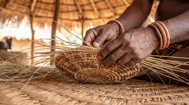 African woman weaving traditional wicker basket close up hands craft lifestyle village culture background copy space handmade artisan organic material