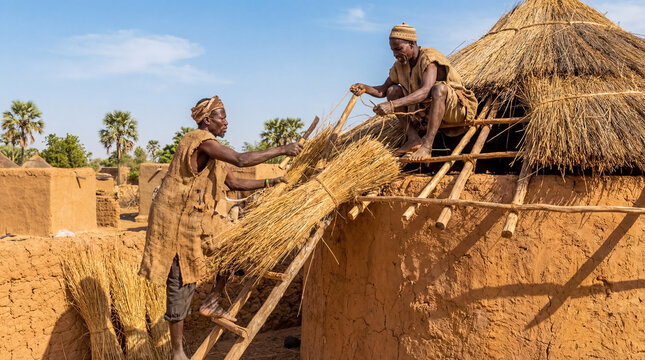 African men repairing mud hut roof village architecture background traditional tribe lifestyle copy space building construction indigenous labor
