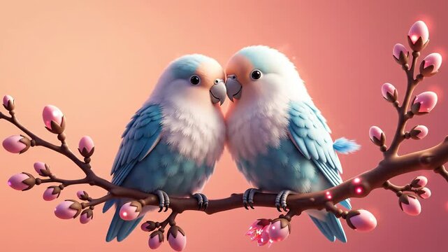 Tender Love Story: Adorable stylized blue lovebirds sitting close on a blooming spring branch, ideal for romantic greeting cards or seasonal advertising.