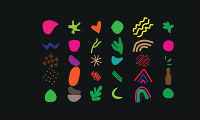 Obraz premium Collection of diverse abstract doodle shapes featuring bright vibrant colour and organic forms set against a solid deep black background offering versatile graphic design elements for creative project