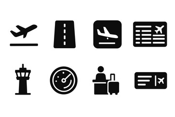 Airport and travel solid icon set. Aviation, journey, vacation icons collection